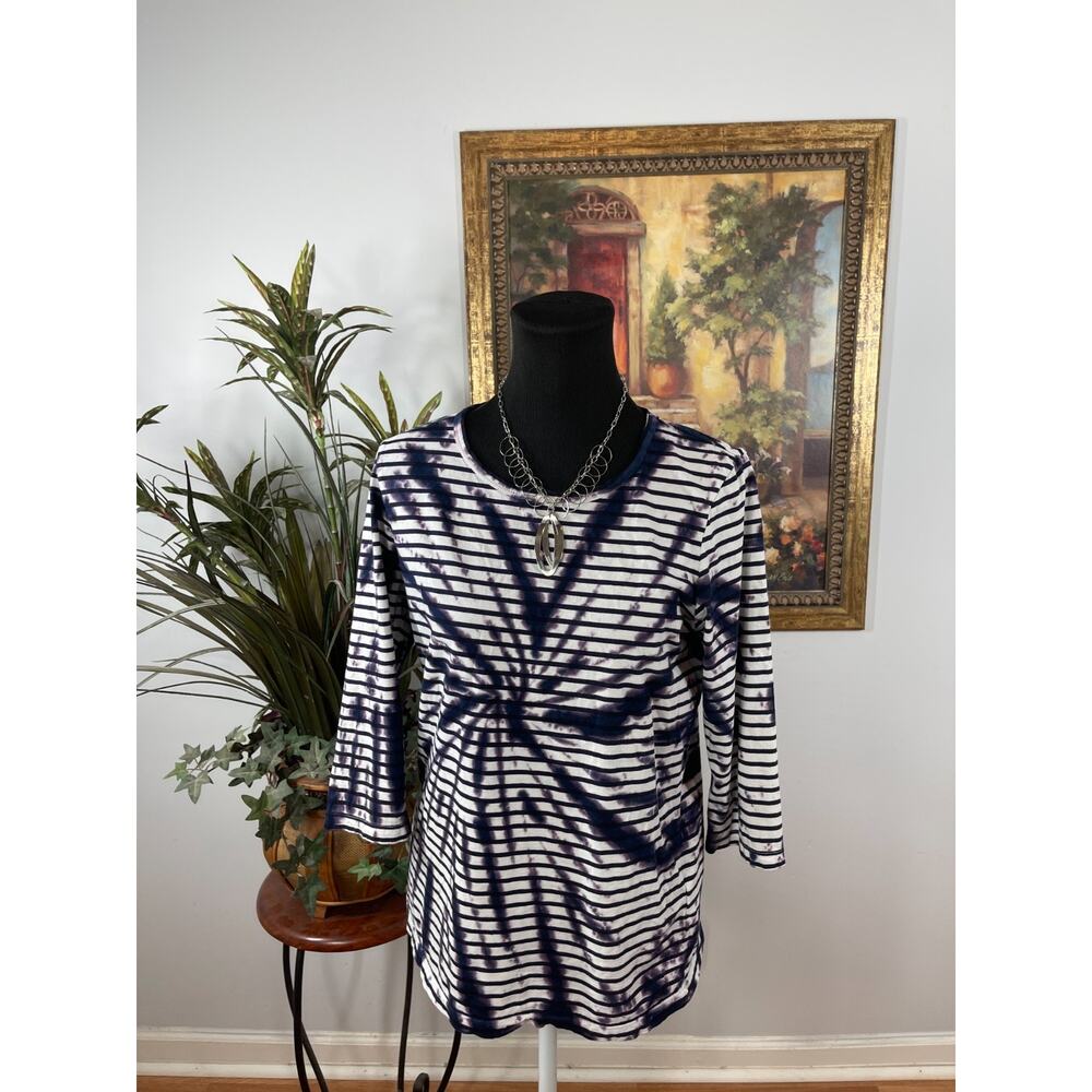Tribal Jeans Tunic Top Women's Small White Tie Dye Striped Hippie Chic Coastal